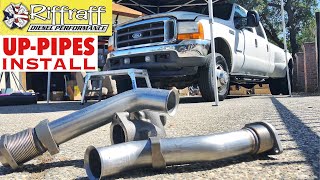 2001 F350 73  RiffRaff UpPipes Install  Stock up pipes leaking and falling apart JUNK SP [upl. by Boff]